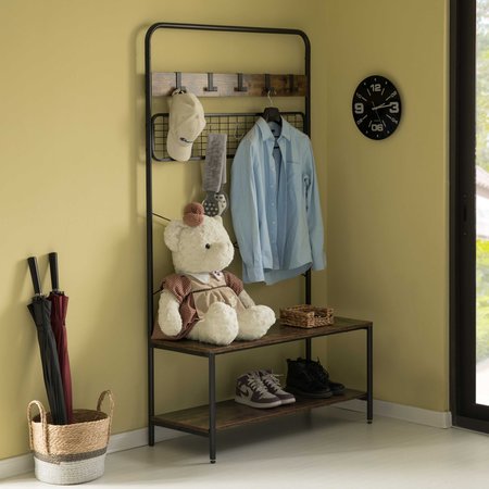 Basicwise Vintage Brown Coat Rack Hall Tree with Storage for Entryway With 10 Hooks and Storage QI004377